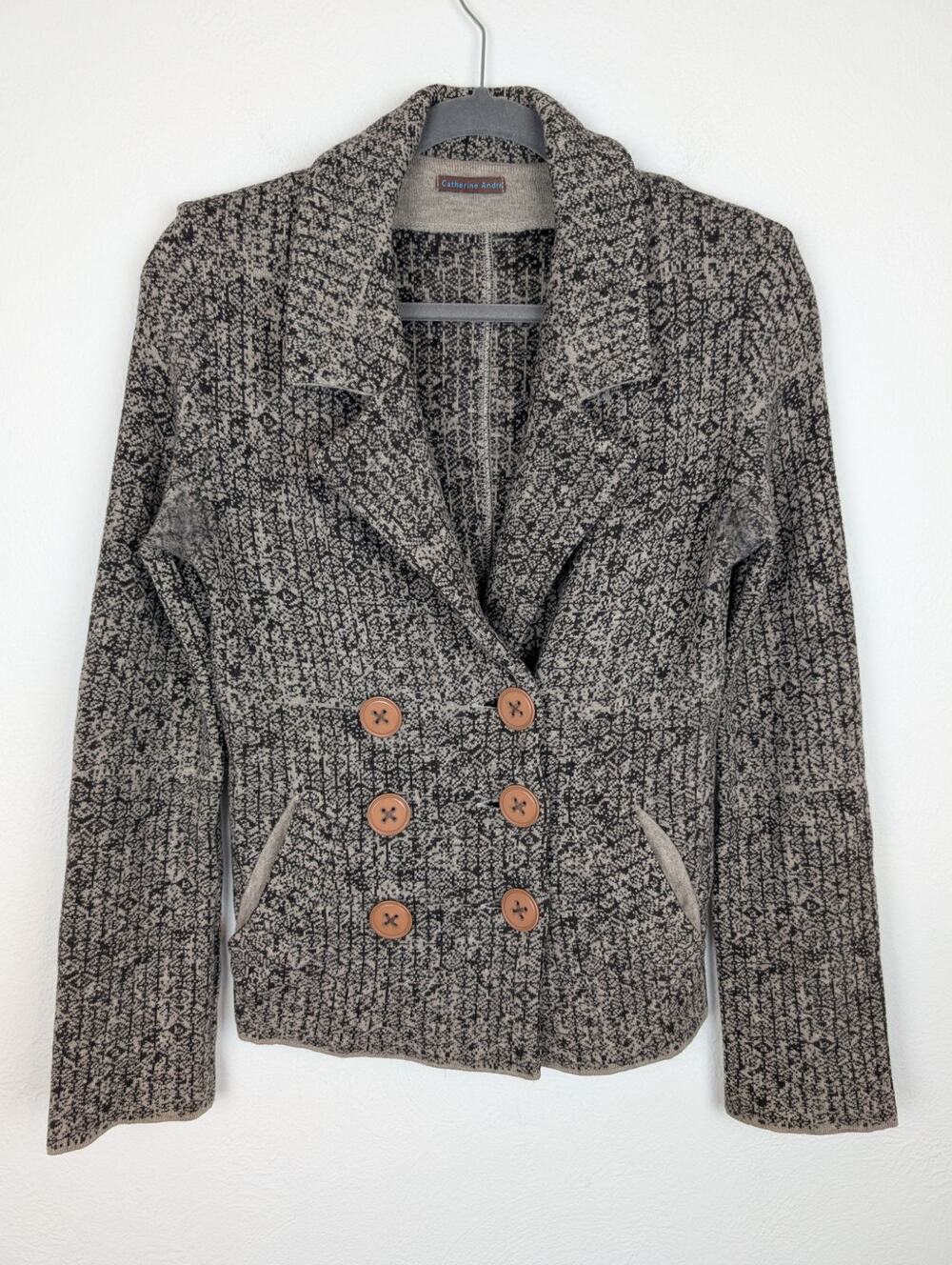 Catherine Andre Blazer Jacket Knit Wool Patterned Dark Academia Brown Tan Size S